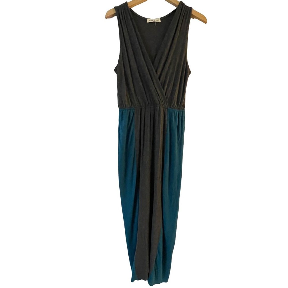 Olive & Oak Colorblock Maxi Dress Large Faux Wrap Surplice Gray Green Sleeveless